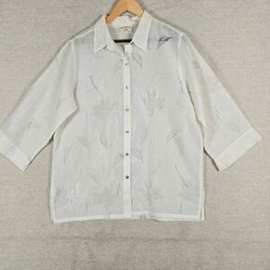 Banana Bay Womens XL White Tropical Floral Jacquard 3/4 Sleeve Button‎ Up Blouse